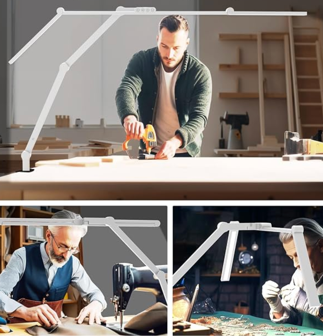 A white adjustable desk lamp with a flexible arm is shown in three lifestyle scenes: a man working in a woodworking shop, an older man sewing at a table, and a woman working at a craft table. Text at the top reads 'Create super-bright lighting areas.