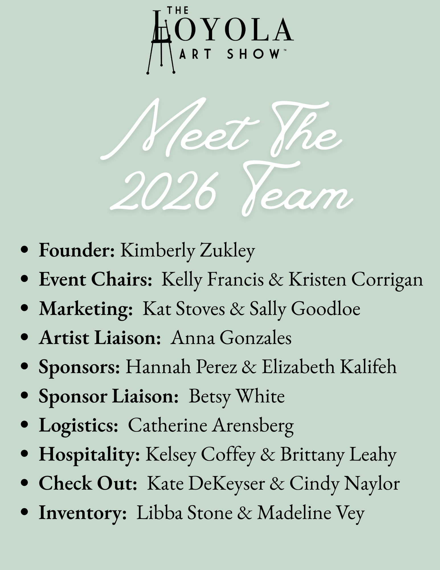 list of the committee volunteers for the 2026 loyola art show