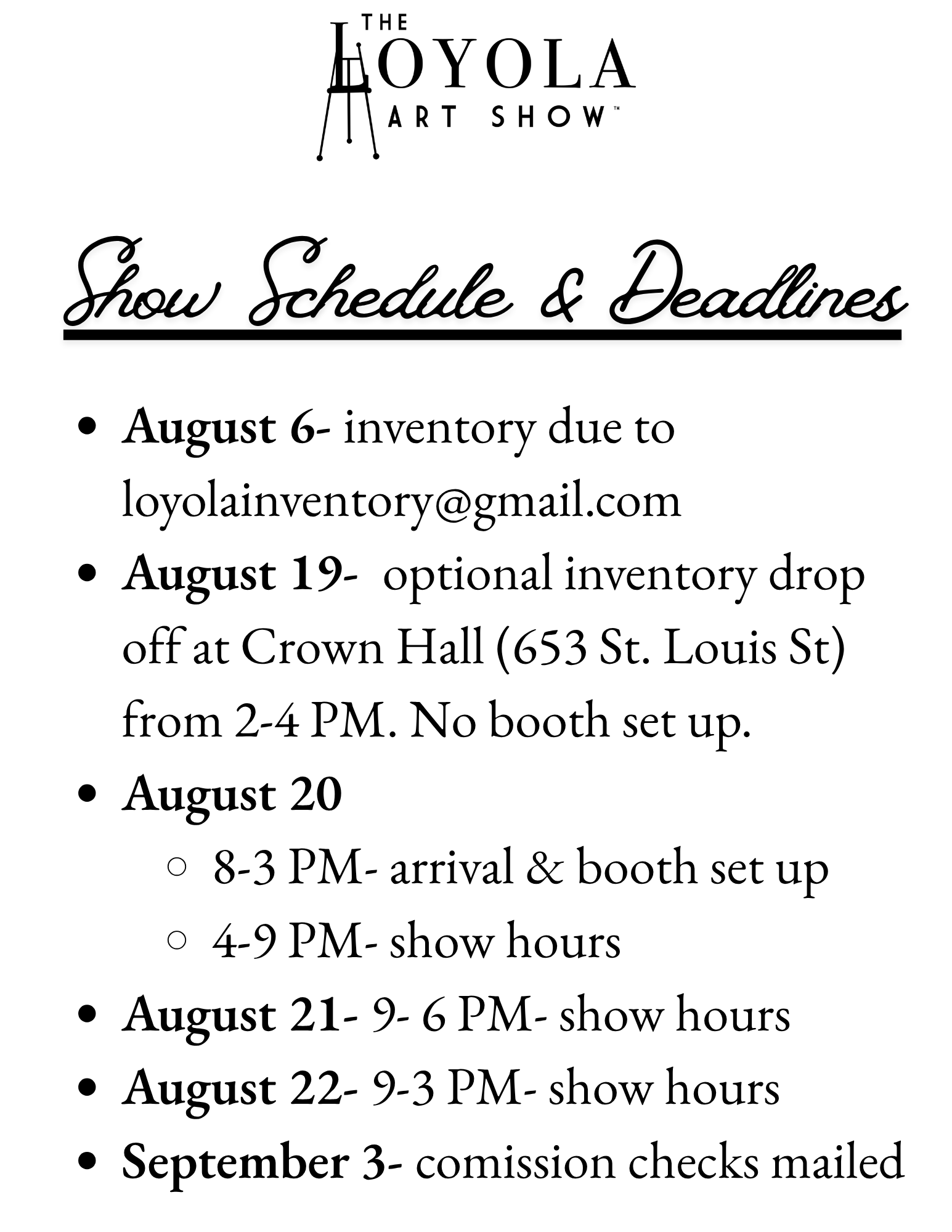 Loyola Art Show schedule and deadlines for participating artists on a white background