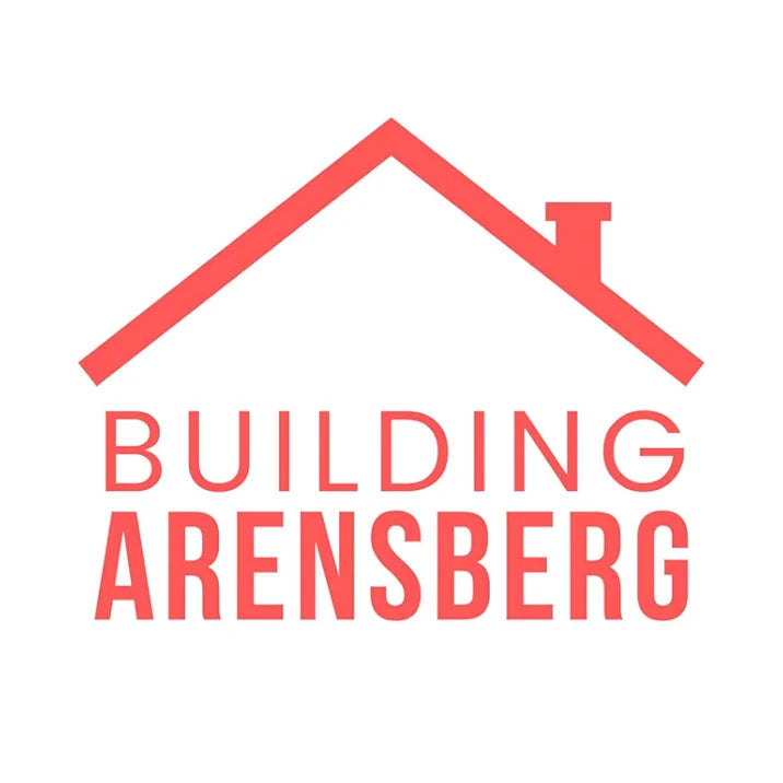 Logo of Building Arensberg with a red house outline and text on a white background
