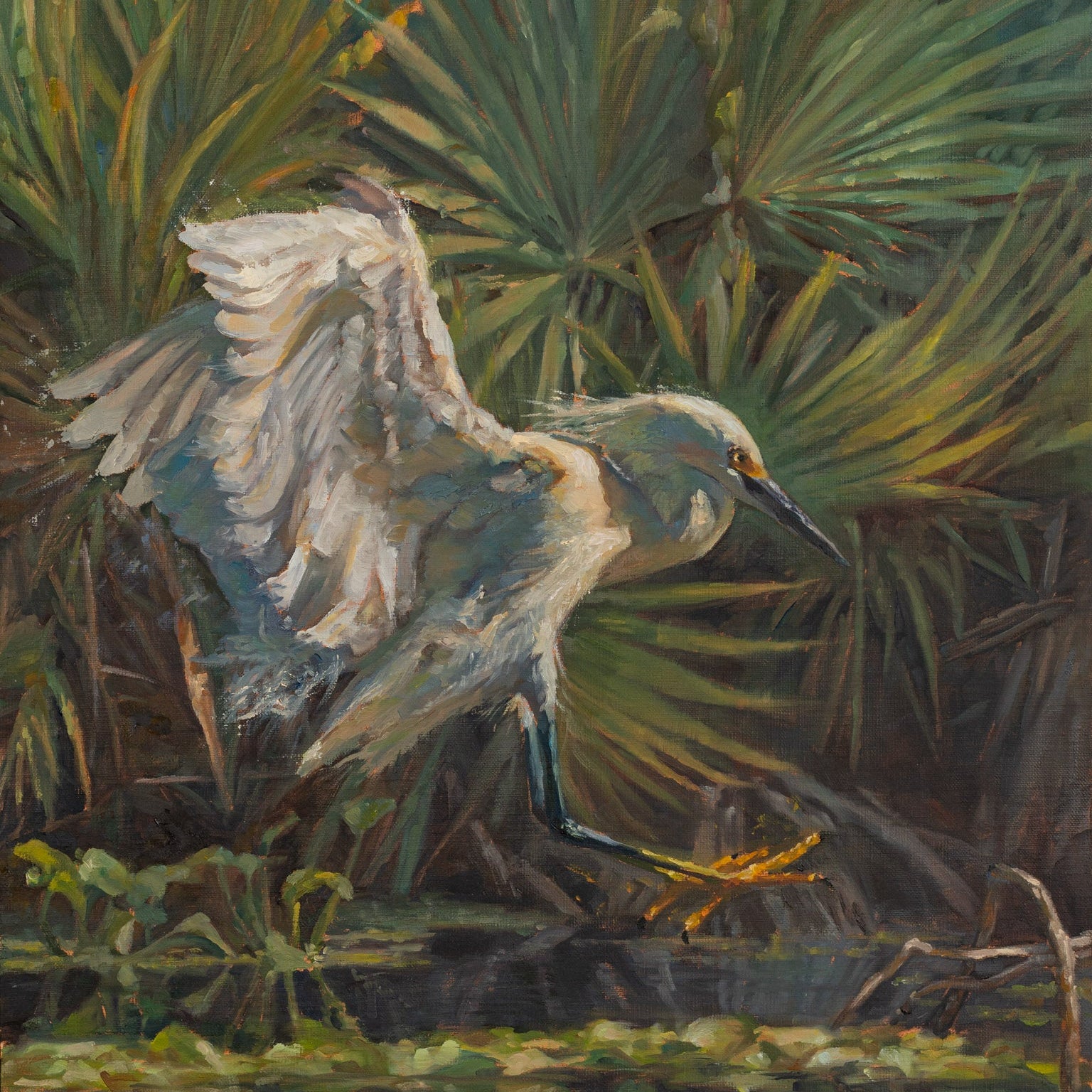 Oil painting of a bird in a natural setting with green foliage