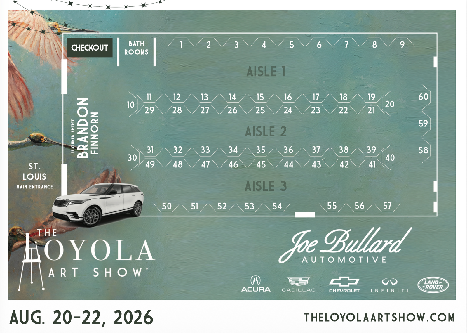 A printed event floor plan poster for The Loyola Art Show at Joe Bullard Automotive, showing numbered aisle and bathroom locations with a white car illustration and event text on a textured teal background.