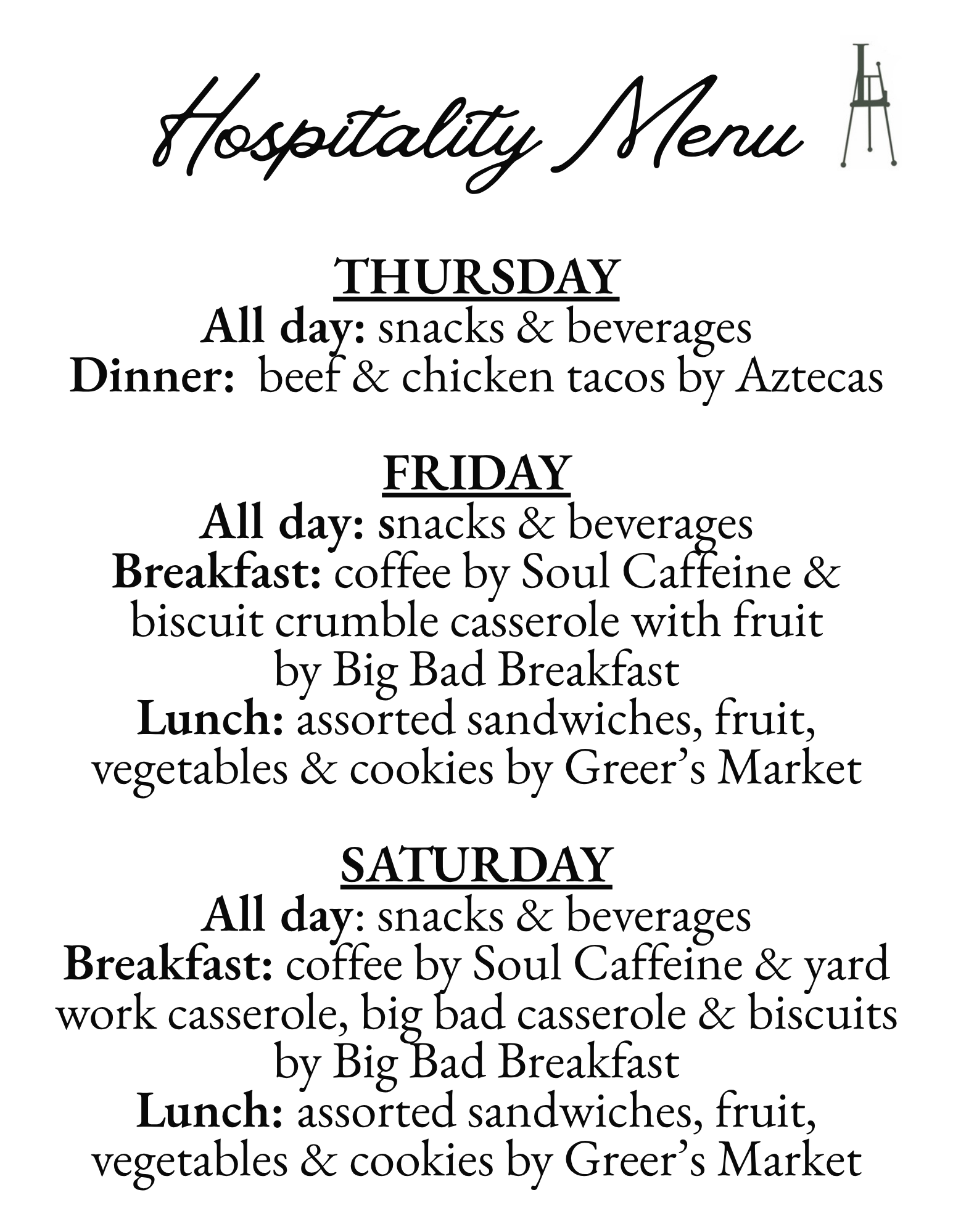A black-and-white printed menu titled 'Hospitality Menu' with weekday meal plans: Thursday snacks and beverages, Friday snacks and beverages with breakfast and lunch details, and Saturday snacks and beverages with breakfast and lunch details.