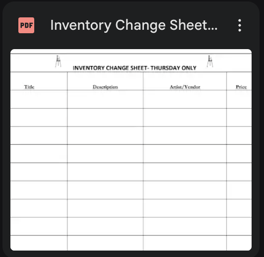 A digital preview of an inventory change sheet template with a PDF icon in the top left and a black header reading 'Inventory Change Sheet.