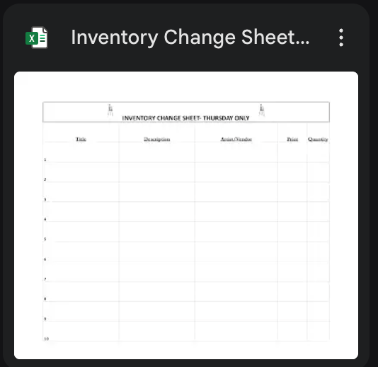 A screenshot of an Excel-style inventory change sheet template with a large white table on a dark gray interface background. The sheet includes columns for Title, Description, Action/Notes, and Price/Quantity.