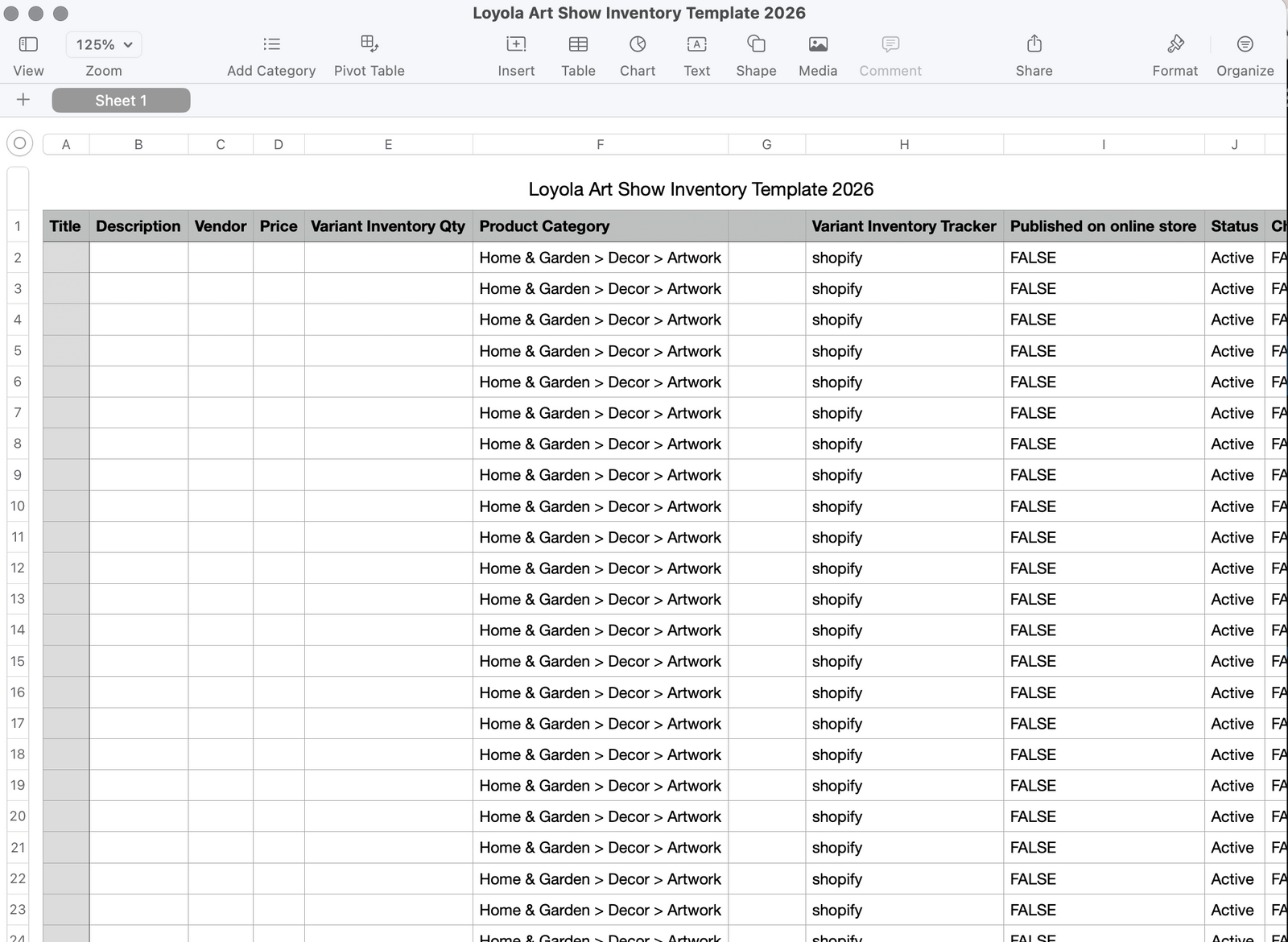 A screenshot of a Google Sheets spreadsheet template titled 'Loyola Art Show Inventory Template 2026,' showing columns for title, description, vendor, price, variant inventory qty, product category, variant inventory tracker, published on online store, and status.