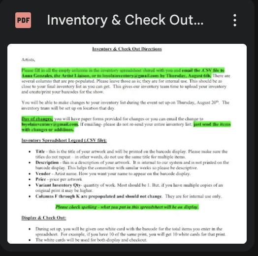 A screenshot of a digital document template titled 'Inventory & Check Out Directions' with highlighted text instructions, displayed on a dark background with a PDF icon in the top left.