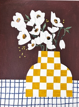 white flowers in yellow and white checkered vase artwork by Jessica Joy