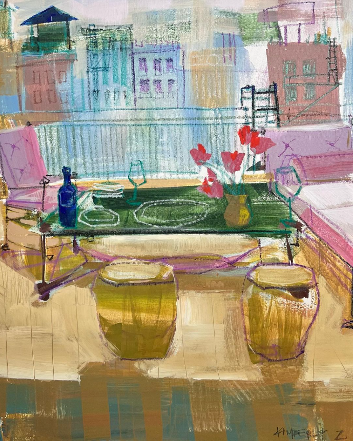 kimbery zuckley fine art scene of rooftop lounge area with table pink chairs and stools