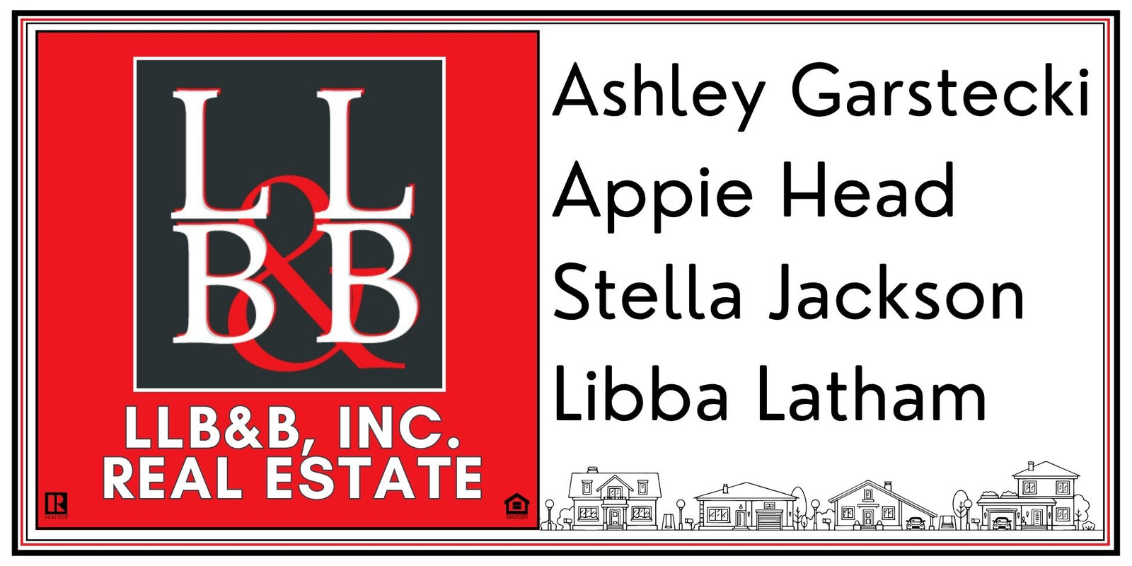 LLB&B, Inc. Real Estate logo with names and house illustrations on a white background