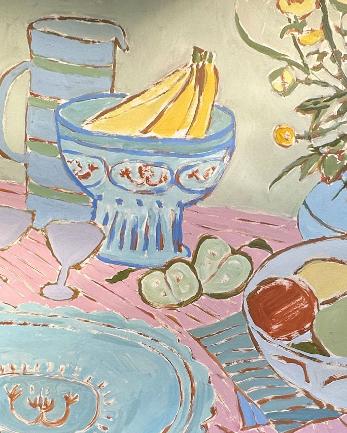 table scape by laura mccarty with pink table and bananas in bowl