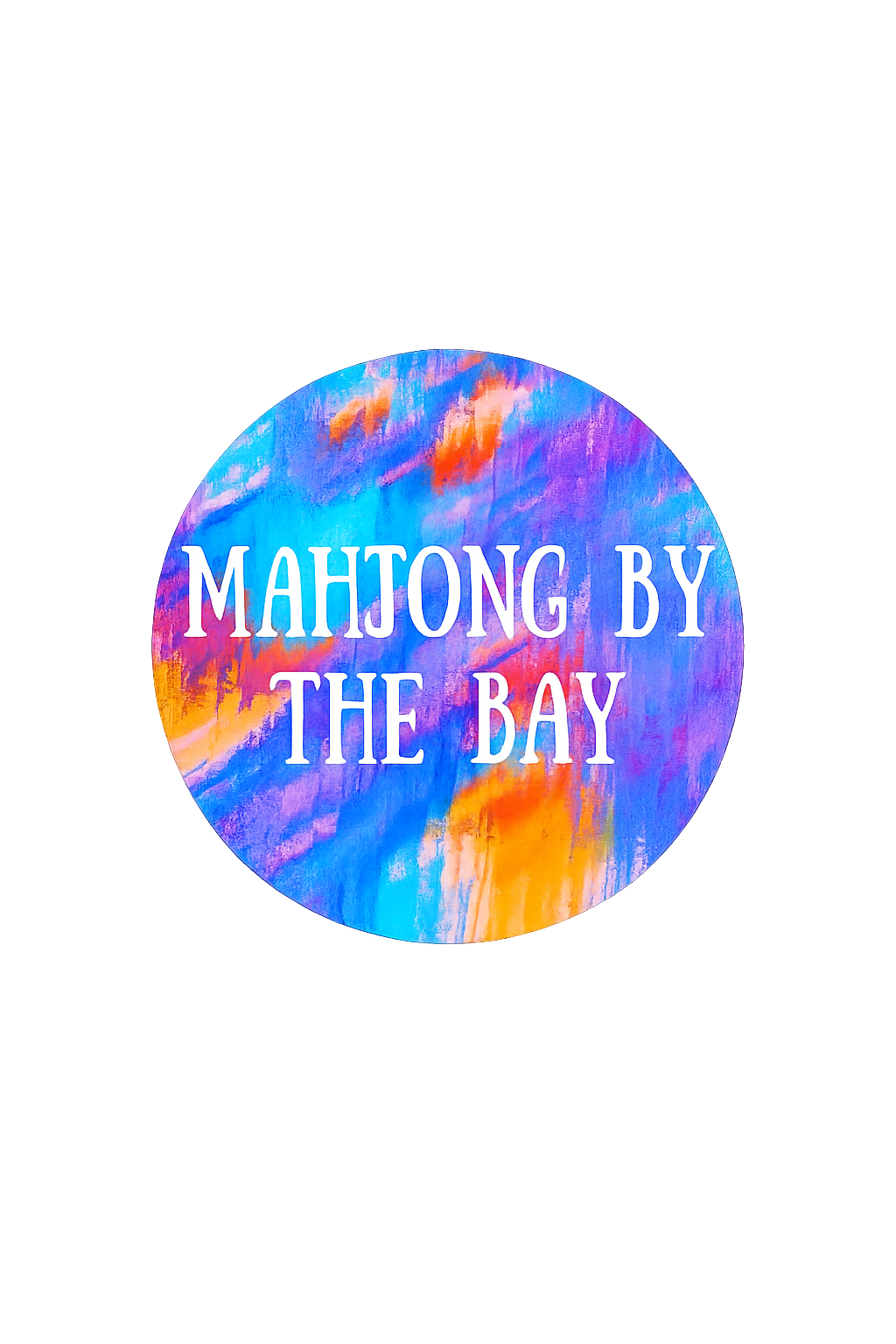 A circular sticker or decal with a colorful abstract paint stroke design in blue, purple, orange, and pink, featuring the text 'MAHJONG BY THE BAY' in white serif font, centered on a plain white background.