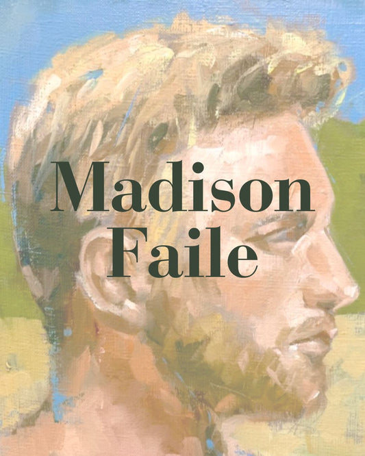 painting of man with blond hair by Madison Faile with text overlay