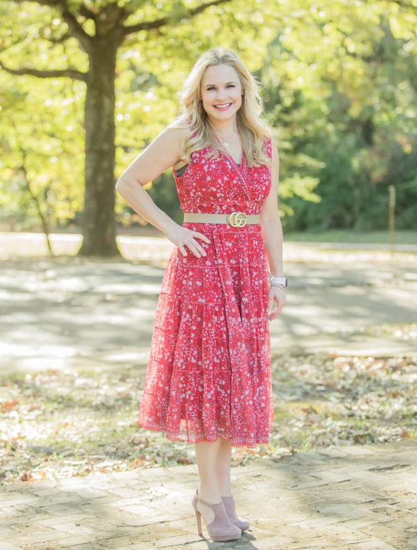 photo of Peyton Hutchinson in red botanical dress