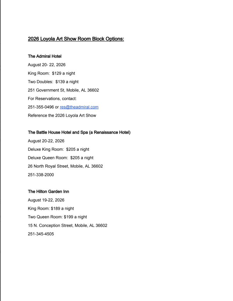 A text-based information sheet listing 2026 Loyola Art Show room block options, including The Admiral Hotel, The Battle House Hotel and Spa (a Renaissance Hotel), and The Hilton Garden Inn, with dates, room types, and prices on a white background.
