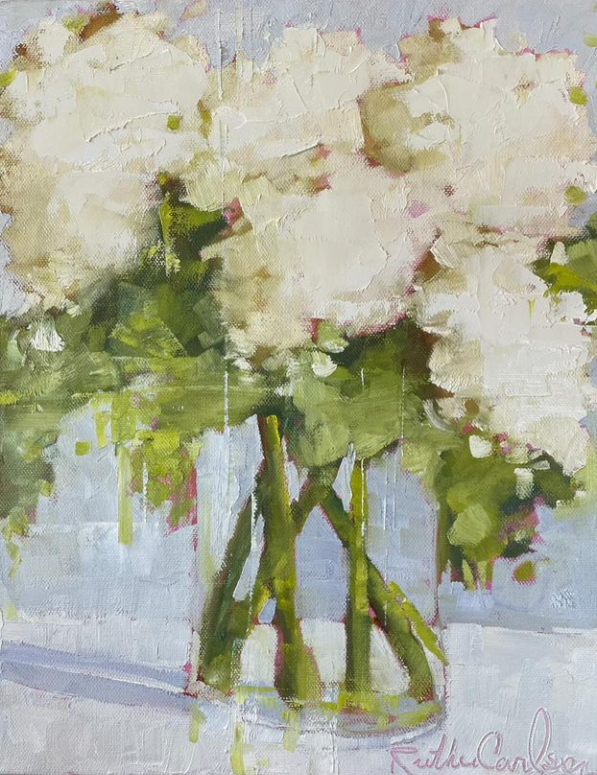 painting of white hydrangeas in vase by ruthie carlson
