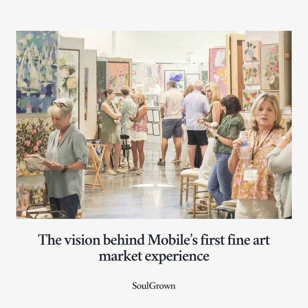 People browsing art at a market with text about Mobile's first fine art market experience.
