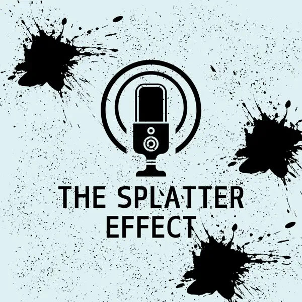 Logo with a microphone icon and 'The Splatter Effect' text on a light blue background with black splatters.