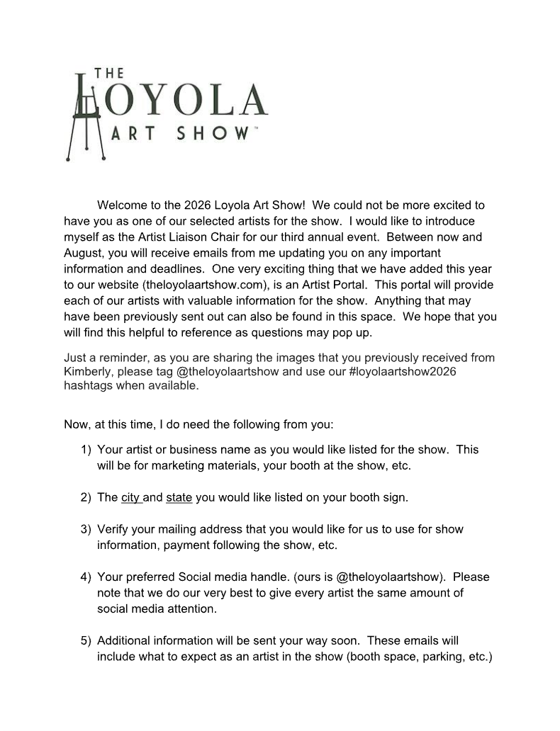 snippet of intro email sent to 2026 artists