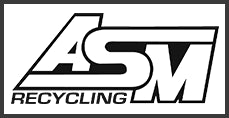 Black and white ASM Recycling logo on a white background.