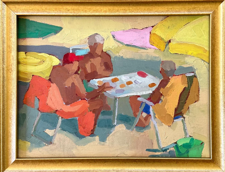 painting of three people playing game on table outside by caroline gray in gold frame
