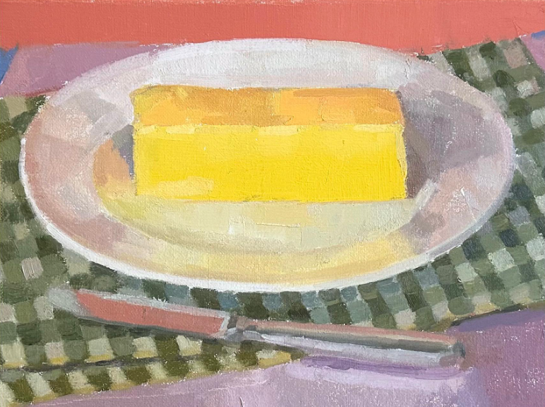 painting of butter on white plate on table by caroline gray
