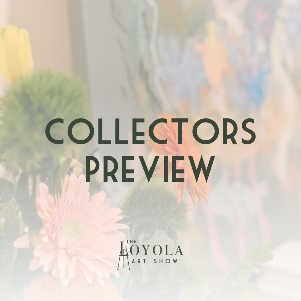 Promotional image for Collectors Preview event with text overlay and a background featuring blurred colorful artwork.