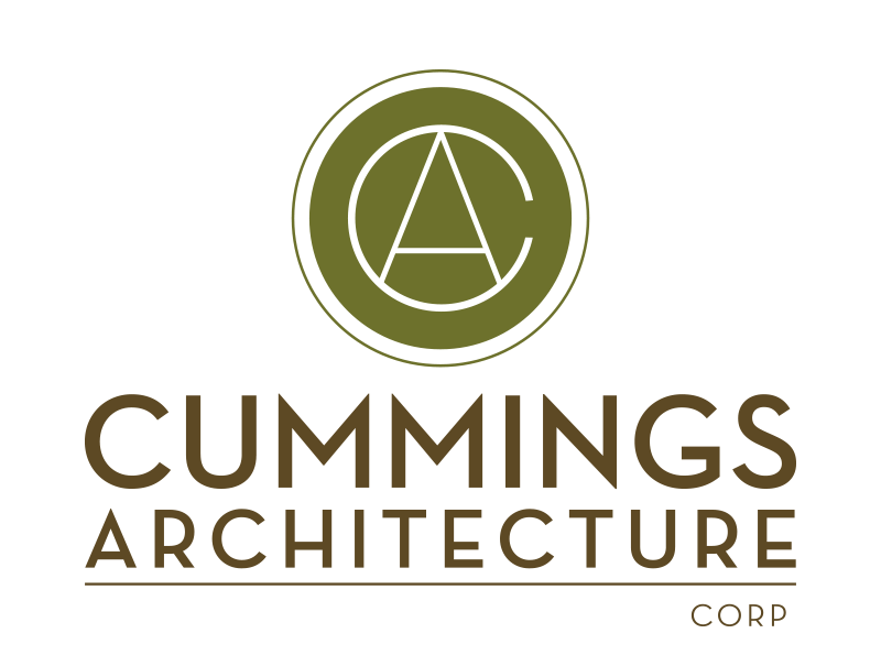 Cummings Architecture Corp logo featuring a circular emblem with an interlocking 'CA' monogram in olive green and white, above the words 'CUMMINGS ARCHITECTURE' in brown serif lettering on a white background.