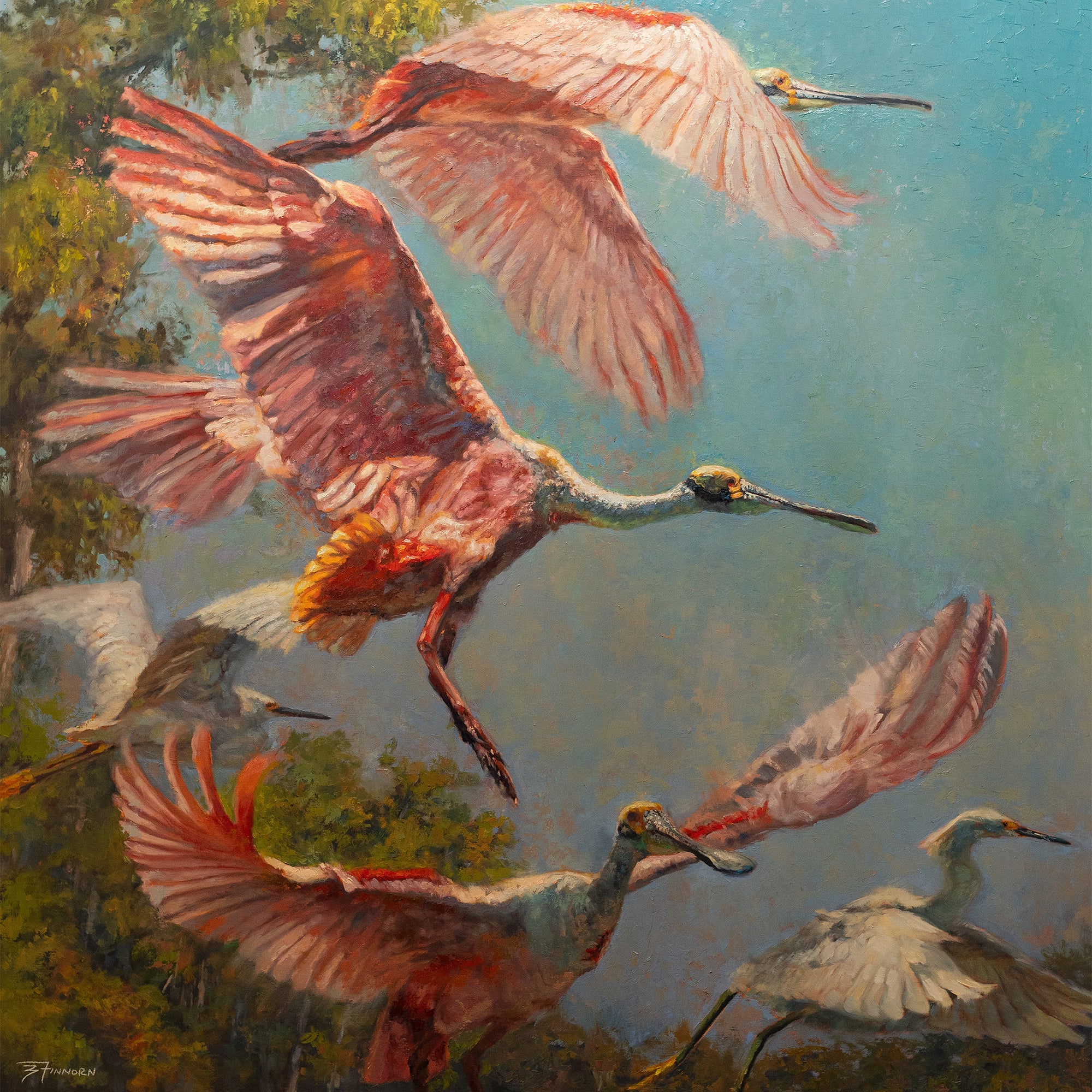 Painting of pink and white spoonbill birds flying against a natural background