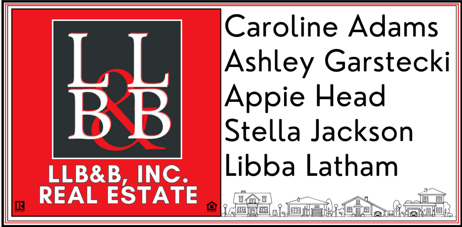 A real estate office sign or digital graphic featuring the red and black LLB & B logo on the left, with the text 'LLB&B, INC. REAL ESTATE' and a list of agent names on the right: Caroline Adams, Ashley Garstecki, Appie Head, Stella Jackson, and Libba Latham.