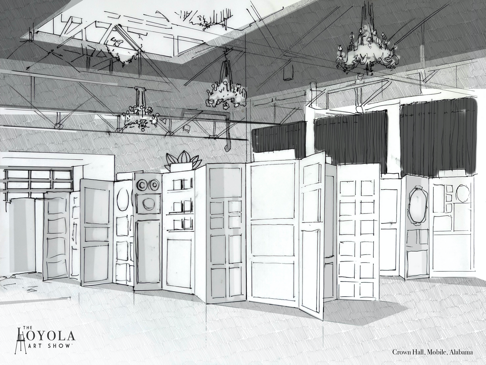 rendering sketch of loyola art show setup