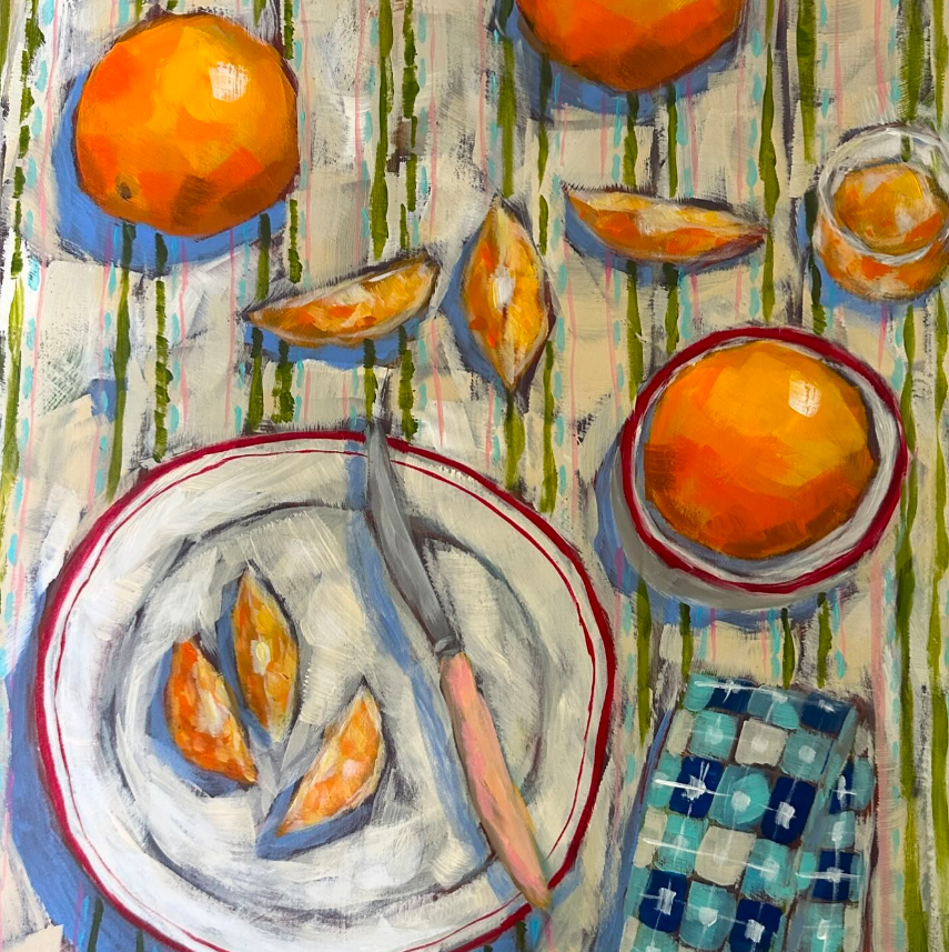 tablescape painting with citrus fruit, plate and knife by trish jones