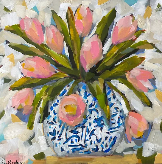 painting of pink flowers in Chinoiserie vase by trish jones